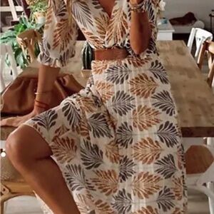 Floral Print Women's Palm Frond tropical A-line maxi dress puffy sleeves Sz M